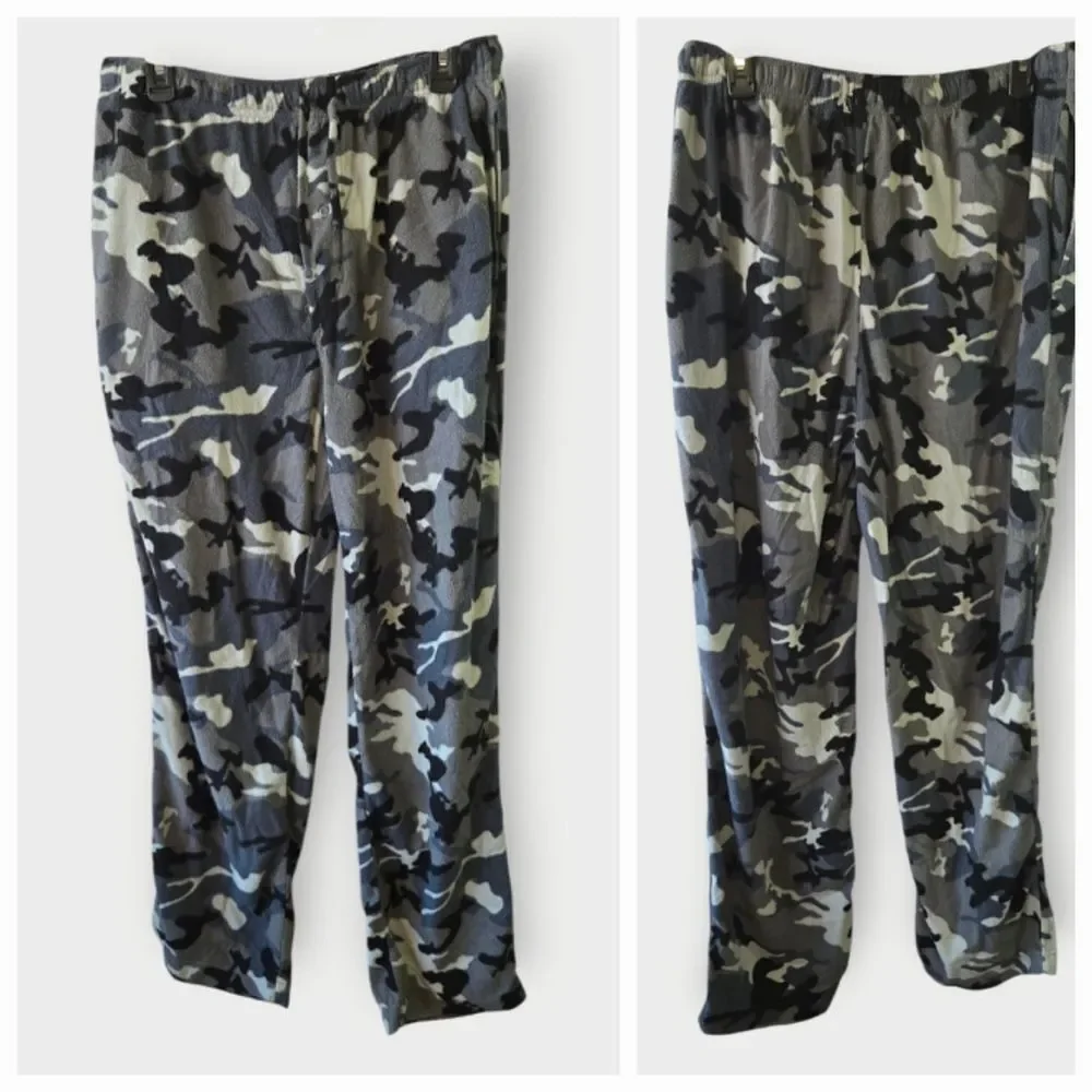 Hanes Men’s Fleece Sleep Pants Gray Camo Pajama Bottoms Large Lounge Pocket PJs